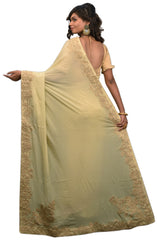 SMSAREE Cream Designer Wedding Partywear Crepe (Chinon) Thread & Stone  Hand Embroidery Work Bridal Saree Sari With Blouse Piece E589