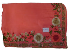 SMSAREE Pink Designer Wedding Partywear Crepe (Chinon) Cutdana Stone Thread & Beads Hand Embroidery Work Bridal Saree Sari With Blouse Piece E590