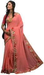 SMSAREE Pink Designer Wedding Partywear Crepe (Chinon) Cutdana Stone Thread & Beads Hand Embroidery Work Bridal Saree Sari With Blouse Piece E590
