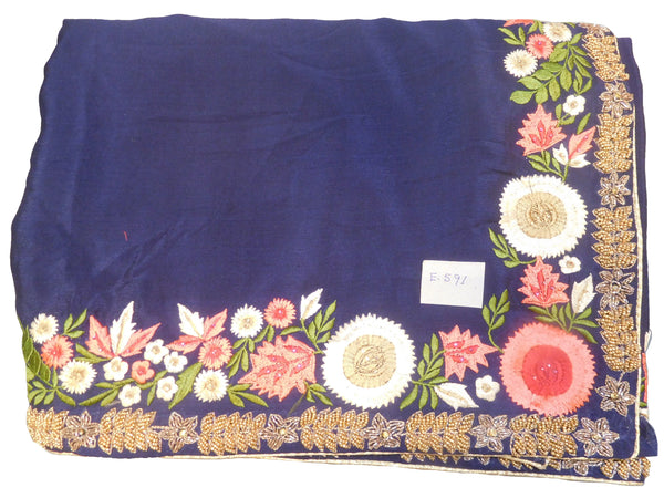 SMSAREE Navy Blue Designer Wedding Partywear Crepe (Chinon) Cutdana Stone Thread & Beads Hand Embroidery Work Bridal Saree Sari With Blouse Piece E591