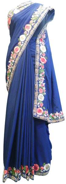 SMSAREE Navy Blue Designer Wedding Partywear Crepe (Chinon) Cutdana Stone Thread & Beads Hand Embroidery Work Bridal Saree Sari With Blouse Piece E591
