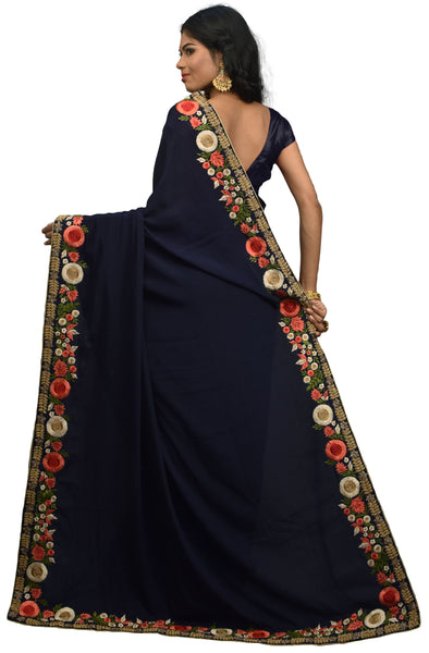 SMSAREE Navy Blue Designer Wedding Partywear Crepe (Chinon) Cutdana Stone Thread & Beads Hand Embroidery Work Bridal Saree Sari With Blouse Piece E591