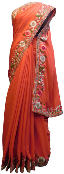 SMSAREE Orange Designer Wedding Partywear Crepe (Chinon) Cutdana Stone Thread & Beads Hand Embroidery Work Bridal Saree Sari With Blouse Piece E592