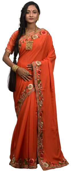 SMSAREE Orange Designer Wedding Partywear Crepe (Chinon) Cutdana Stone Thread & Beads Hand Embroidery Work Bridal Saree Sari With Blouse Piece E592