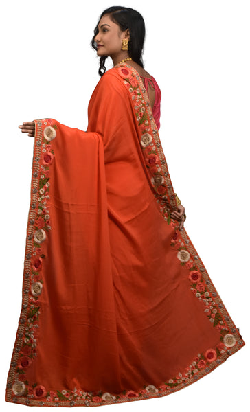 SMSAREE Orange Designer Wedding Partywear Crepe (Chinon) Cutdana Stone Thread & Beads Hand Embroidery Work Bridal Saree Sari With Blouse Piece E592