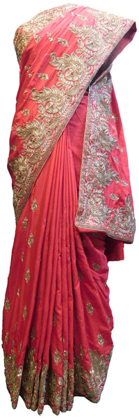SMSAREE Red Designer Wedding Partywear Silk Stone Zari & Beads Hand Embroidery Work Bridal Saree Sari With Blouse Piece E593