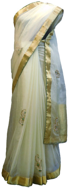 SMSAREE White Designer Wedding Partywear Tissue Beads Stone Thread & Bullion Hand Embroidery Work Bridal Saree Sari With Blouse Piece E594
