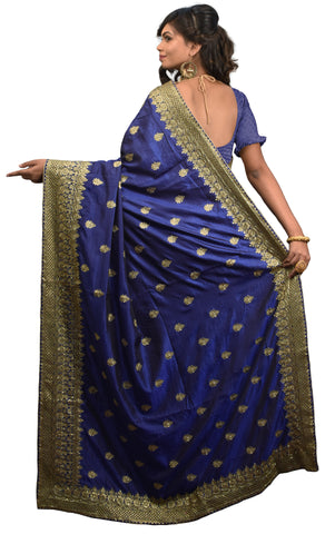 SMSAREE Blue Designer Wedding Partywear Silk Cutdana Stone & Zari Hand Embroidery Work Bridal Saree Sari With Blouse Piece E595