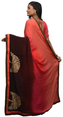 SMSAREE Coffee Brown & Pink Designer Wedding Partywear Crepe (Chinon) Thread & Stone  Hand Embroidery Work Bridal Saree Sari With Blouse Piece E596