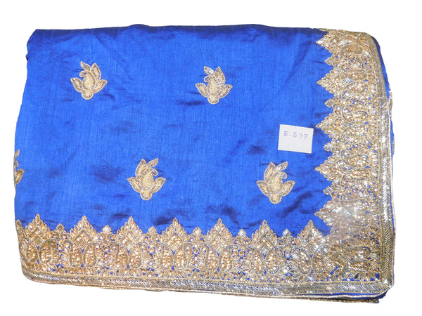 SMSAREE Blue Designer Wedding Partywear Silk Cutdana Stone & Zari Hand Embroidery Work Bridal Saree Sari With Blouse Piece E597