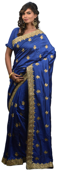 SMSAREE Blue Designer Wedding Partywear Silk Cutdana Stone & Zari Hand Embroidery Work Bridal Saree Sari With Blouse Piece E597