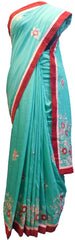 SMSAREE Turquoise Designer Wedding Partywear Satin Silk Thread Hand Embroidery Work Bridal Saree Sari With Blouse Piece E598