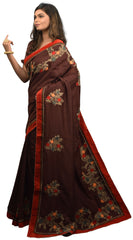 SMSAREE Coffee Brown Designer Wedding Partywear Satin Silk Thread Stone & Zari Hand Embroidery Work Bridal Saree Sari With Blouse Piece E599