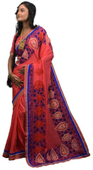 SMSAREE Gajari Designer Wedding Partywear Crepe (Chinon) Thread Hand Embroidery Work Bridal Saree Sari With Blouse Piece E601