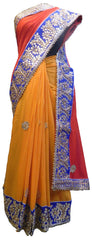 SMSAREE Red & Yellow Designer Wedding Partywear Georgette (Viscos) Gota Pearl & Zari Hand Embroidery Work Bridal Saree Sari With Blouse Piece E606