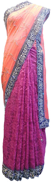 SMSAREE Orange & Pink Designer Wedding Partywear Pure Georgette & Net Cutdana Stone & Thread Hand Embroidery Work Bridal Saree Sari With Blouse Piece E614