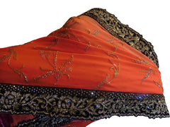 SMSAREE Orange & Pink Designer Wedding Partywear Pure Georgette & Net Cutdana Stone & Thread Hand Embroidery Work Bridal Saree Sari With Blouse Piece E614