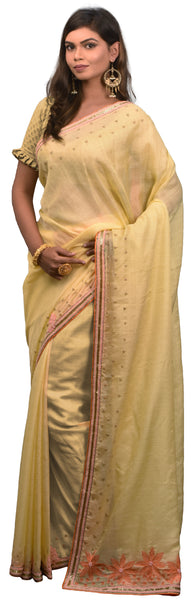 SMSAREE Cream Designer Wedding Partywear Georgette Thread Cutdana & Beads Hand Embroidery Work Bridal Saree Sari With Blouse Piece E615