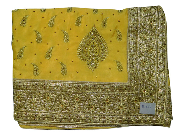 SMSAREE Yellow Designer Wedding Partywear Georgette Cutdana Stone & Zari Hand Embroidery Work Bridal Saree Sari With Blouse Piece E619