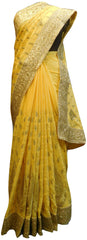SMSAREE Yellow Designer Wedding Partywear Georgette Cutdana Stone & Zari Hand Embroidery Work Bridal Saree Sari With Blouse Piece E619