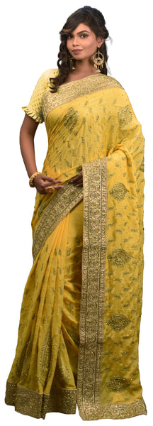 SMSAREE Yellow Designer Wedding Partywear Georgette Cutdana Stone & Zari Hand Embroidery Work Bridal Saree Sari With Blouse Piece E619