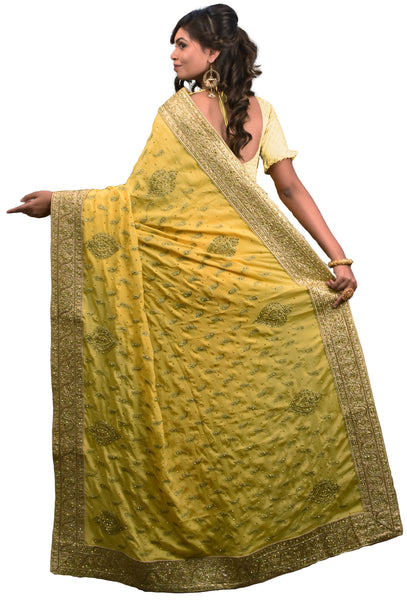 SMSAREE Yellow Designer Wedding Partywear Georgette Cutdana Stone & Zari Hand Embroidery Work Bridal Saree Sari With Blouse Piece E619