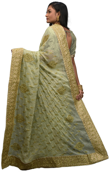 SMSAREE Green Designer Wedding Partywear Georgette Cutdana Stone & Zari Hand Embroidery Work Bridal Saree Sari With Blouse Piece E620