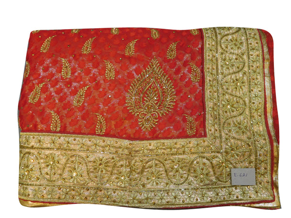 SMSAREE Red Designer Wedding Partywear Brasso Cutdana Stone & Zari Hand Embroidery Work Bridal Saree Sari With Blouse Piece E621