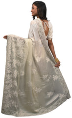 SMSAREE White Designer Wedding Partywear Crepe (Chinon) Thread Stone & Beads Hand Embroidery Work Bridal Saree Sari With Blouse Piece E630