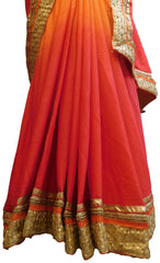 SMSAREE Pink & Orange Designer Wedding Partywear Crepe (Chinon) Thread Zari Beads & Cutdana Hand Embroidery Work Bridal Saree Sari With Blouse Piece E631