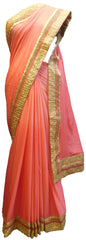 SMSAREE Pink Designer Wedding Partywear Crepe (Chinon) Thread Zari Beads & Cutdana Hand Embroidery Work Bridal Saree Sari With Blouse Piece E632