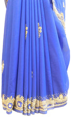 SMSAREE Blue Designer Wedding Partywear Georgette Thread Zari Beads Stone & Cutdana Hand Embroidery Work Bridal Saree Sari With Blouse Piece E633
