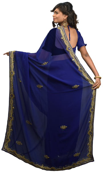 SMSAREE Blue Designer Wedding Partywear Georgette Thread Zari Beads Stone & Cutdana Hand Embroidery Work Bridal Saree Sari With Blouse Piece E633