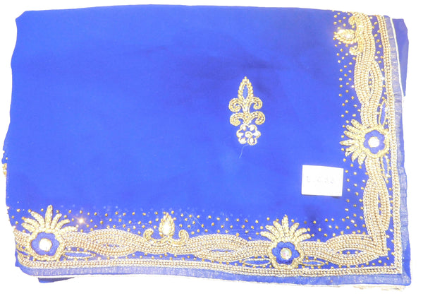 SMSAREE Blue Designer Wedding Partywear Georgette Thread Zari Beads Stone & Cutdana Hand Embroidery Work Bridal Saree Sari With Blouse Piece E633