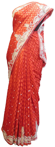 SMSAREE Red Designer Wedding Partywear Brasso Thread Beads & Stone Hand Embroidery Work Bridal Saree Sari With Blouse Piece E635