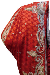 SMSAREE Red Designer Wedding Partywear Brasso Thread Beads & Stone Hand Embroidery Work Bridal Saree Sari With Blouse Piece E635