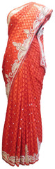 SMSAREE Red Designer Wedding Partywear Brasso Thread Beads & Stone Hand Embroidery Work Bridal Saree Sari With Blouse Piece E635
