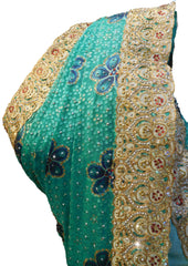 SMSAREE Blue Designer Wedding Partywear Brasso & Georgette Thread Zari & Stone Hand Embroidery Work Bridal Saree Sari With Blouse Piece E636