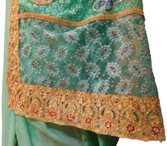 SMSAREE Blue Designer Wedding Partywear Brasso & Georgette Thread Zari & Stone Hand Embroidery Work Bridal Saree Sari With Blouse Piece E636