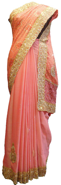 SMSAREE Pink Designer Wedding Partywear Brasso & Georgette Thread Zari & Stone Hand Embroidery Work Bridal Saree Sari With Blouse Piece E637