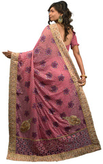 SMSAREE Pink Designer Wedding Partywear Brasso & Georgette Thread Zari & Stone Hand Embroidery Work Bridal Saree Sari With Blouse Piece E638