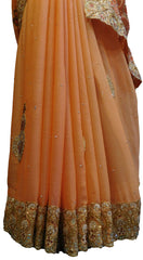 SMSAREE Peach Designer Wedding Partywear Brasso & Georgette Thread Zari & Stone Hand Embroidery Work Bridal Saree Sari With Blouse Piece E640