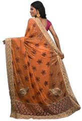 SMSAREE Peach Designer Wedding Partywear Brasso & Georgette Thread Zari & Stone Hand Embroidery Work Bridal Saree Sari With Blouse Piece E640