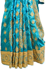 SMSAREE Turquoise Designer Wedding Partywear Crepe (Rangoli) Thread Zari Stone & Cutdana Hand Embroidery Work Bridal Saree Sari With Blouse Piece E641