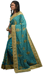 SMSAREE Turquoise Designer Wedding Partywear Crepe (Rangoli) Thread Zari Stone & Cutdana Hand Embroidery Work Bridal Saree Sari With Blouse Piece E641