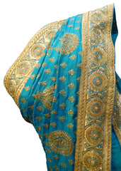 SMSAREE Turquoise Designer Wedding Partywear Crepe (Rangoli) Thread Zari Stone & Cutdana Hand Embroidery Work Bridal Saree Sari With Blouse Piece E641