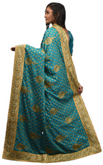 SMSAREE Turquoise Designer Wedding Partywear Crepe (Rangoli) Thread Zari Stone & Cutdana Hand Embroidery Work Bridal Saree Sari With Blouse Piece E641