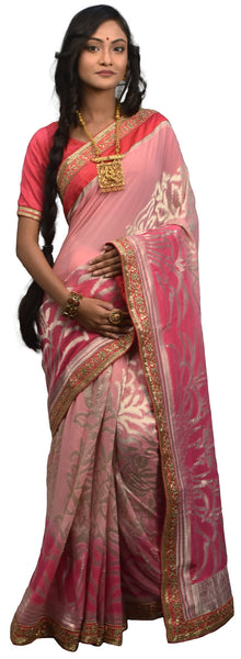 SMSAREE Pink Designer Wedding Partywear Georgette (Viscos) Sequence Zari & Bullion Hand Embroidery Work Bridal Saree Sari With Blouse Piece E642
