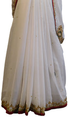 SMSAREE White Designer Wedding Partywear Georgette Thread Zari Stone Bullion & Cutdana Hand Embroidery Work Bridal Saree Sari With Blouse Piece E645