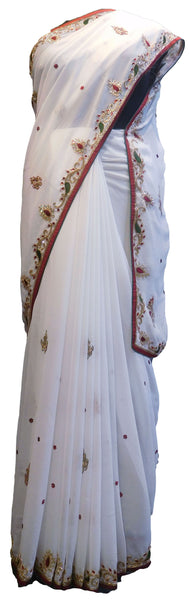 SMSAREE White Designer Wedding Partywear Georgette Thread Zari Stone Bullion & Cutdana Hand Embroidery Work Bridal Saree Sari With Blouse Piece E646